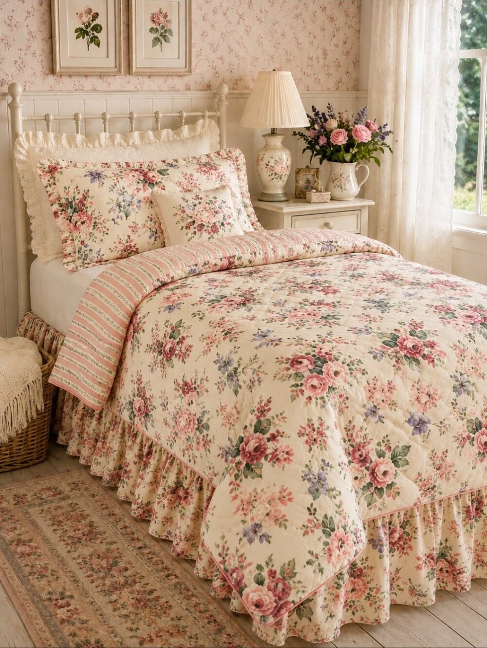 Vintage Laura Ashley Twin Reversible Comforter & Bedskirt Revman USA Floral